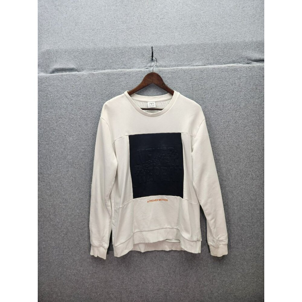 Zara Mens EUR L/42 White Sweatshirt With Black Patch & Embossed "Never Repeat" T